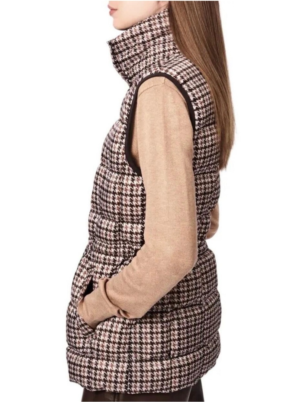 Bernardo Brown & Cream Houndstooth Quilted Vest - Picture 4 of 11